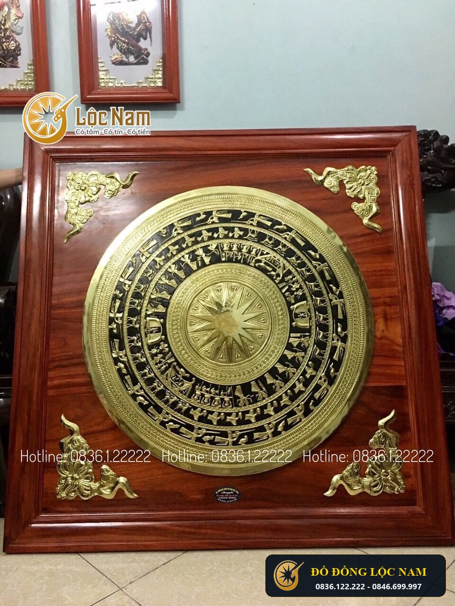 Mặt Trống Đồng Vang Gò Thủ Công Khung Gỗ Gụ 70X70