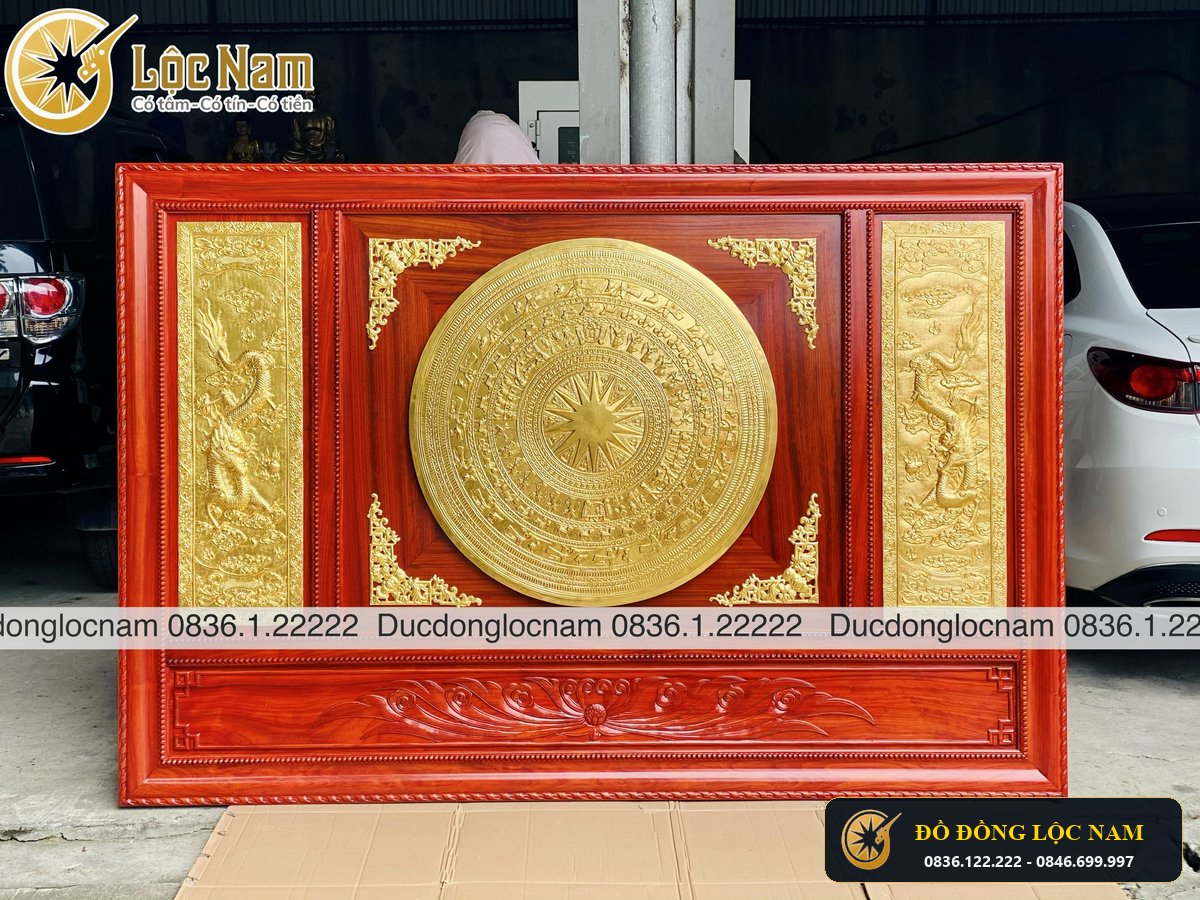 Tranh Mặt Trống Đồng 1m, Tranh Song Long Dát Vàng 9999