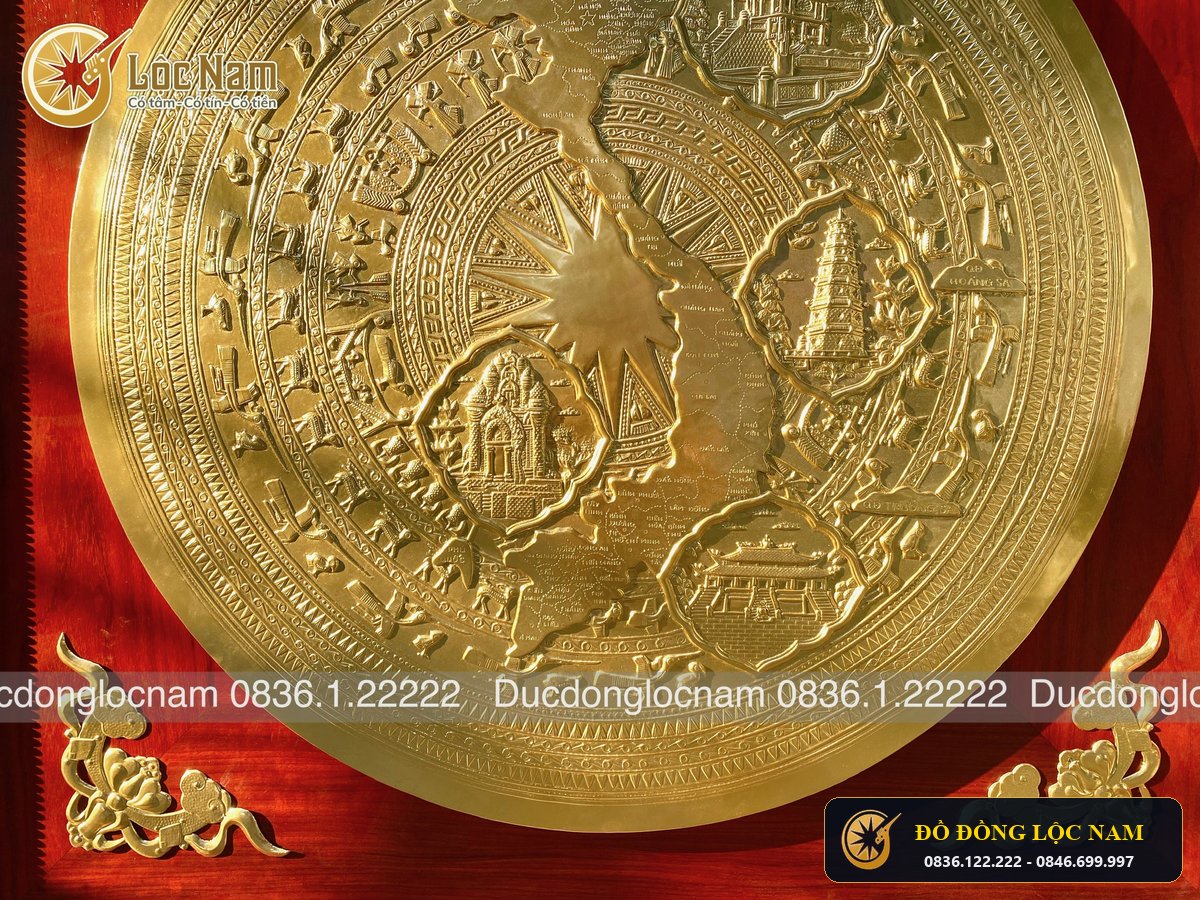 Tranh Mặt Trống Đồng Có Bản Đồ Đường kính 1m2mạ Vàng 24K