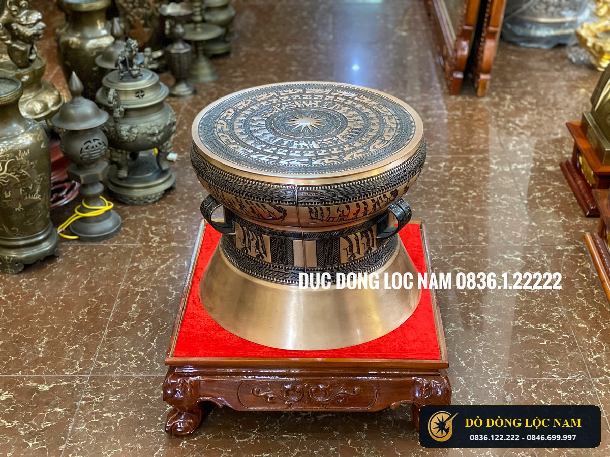 Trống Đồng Đỏ Đúc Thủ Công Hoa Văn Chìm Đường kính 50cm
