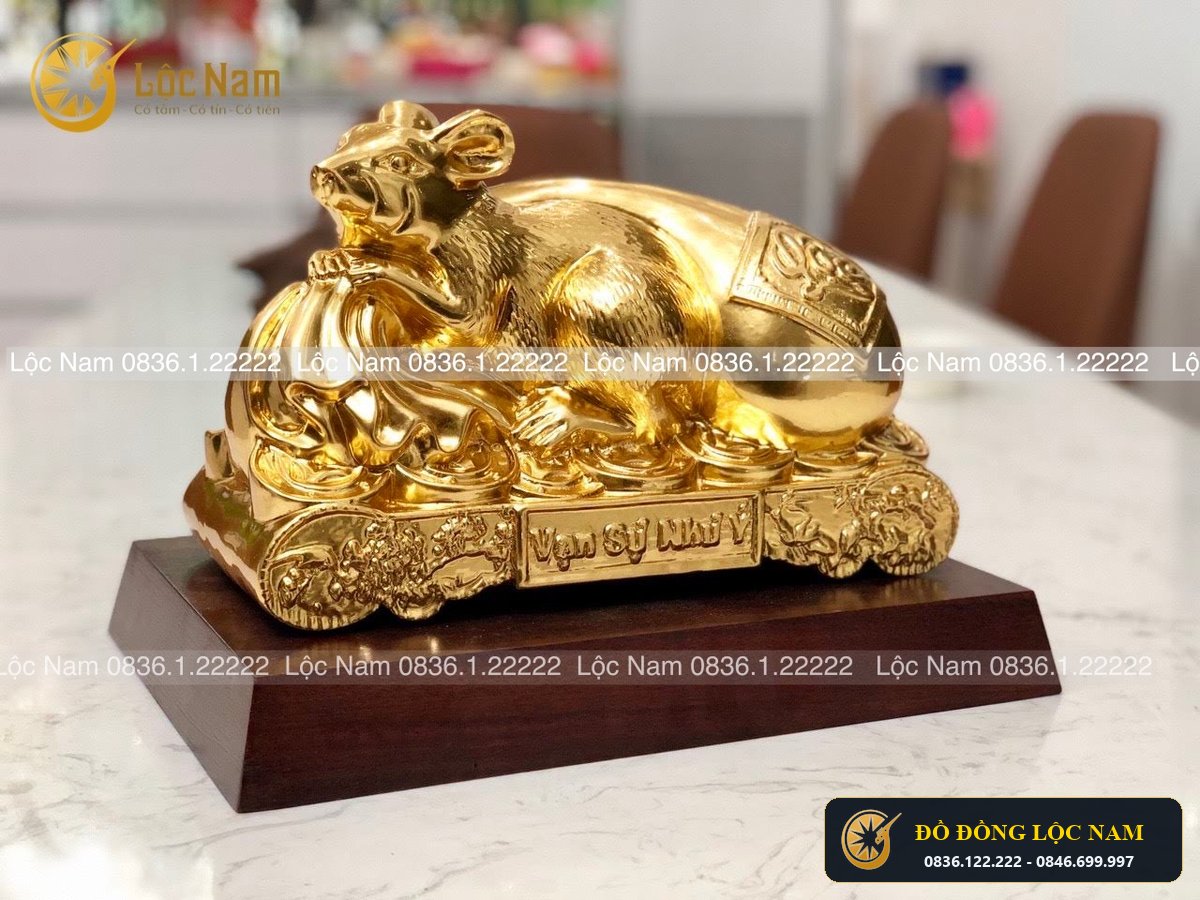 Tượng Chuột Bằng Đồng Kéo Tài Lộc Dát Vàng 9999