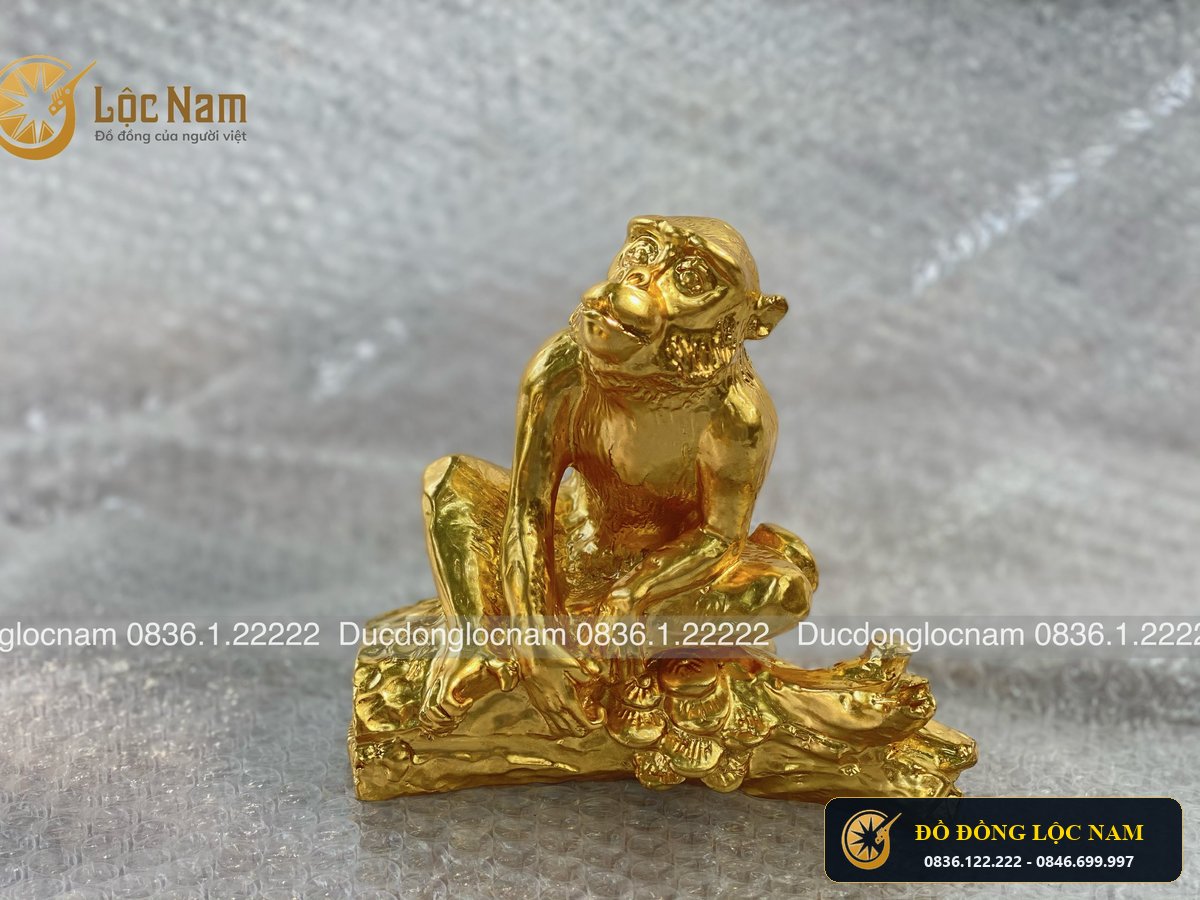 Tượng Khỉ Bằng Đồng Mạ Vàng Ngồi Cao 15cm