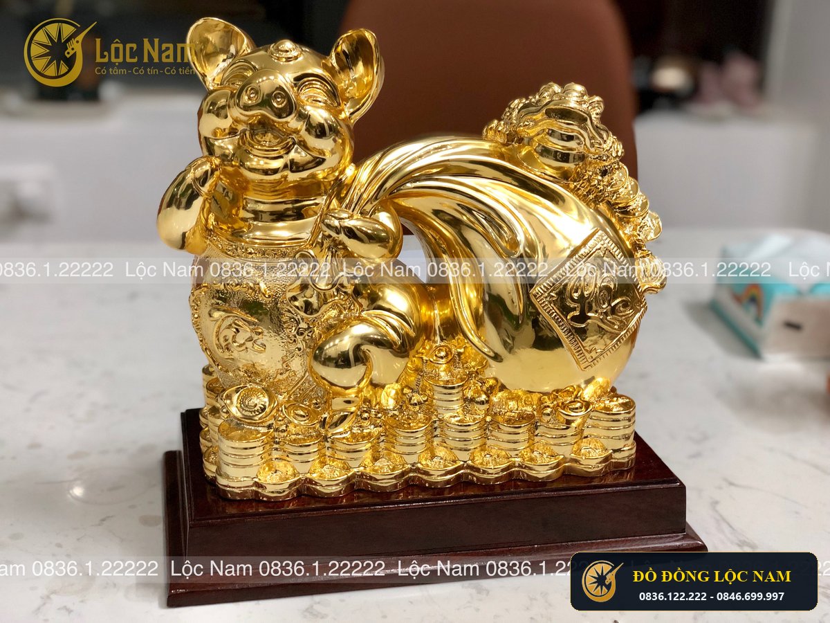 Tượng Lợn Pho Thủy Bằng Đồng Kéo Tài Lộc Mạ Vàng