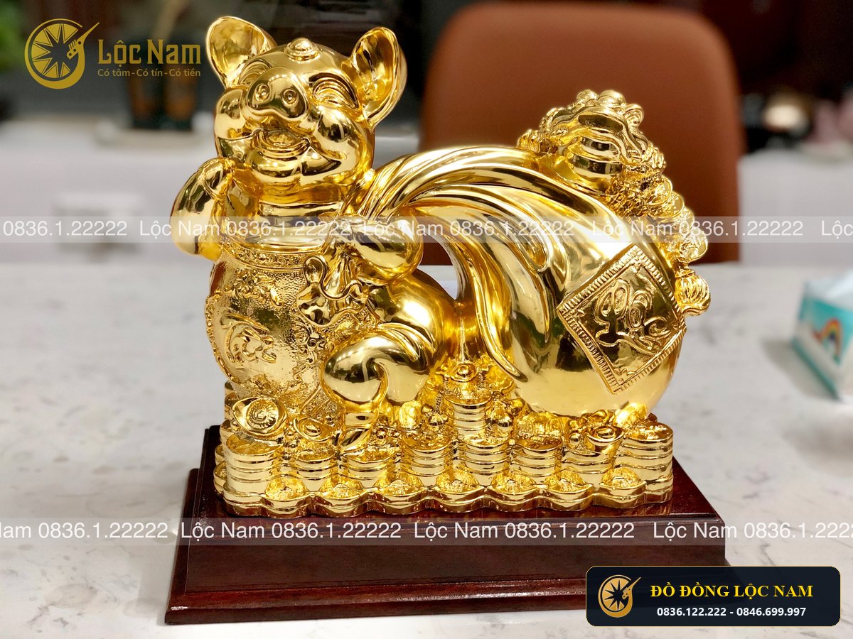 Tượng Lợn Pho Thủy Bằng Đồng Kéo Tài Lộc Mạ Vàng góc chụp 2