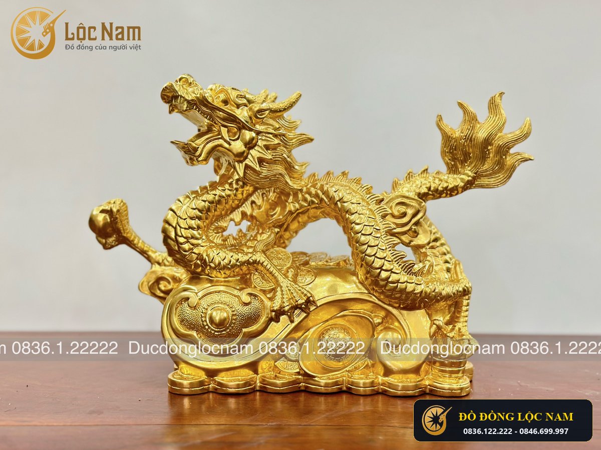 Tượng Rồng Bằng Đồng Cuộn Long Châu Cao 26cm Mạ Vàng góc chụp 1