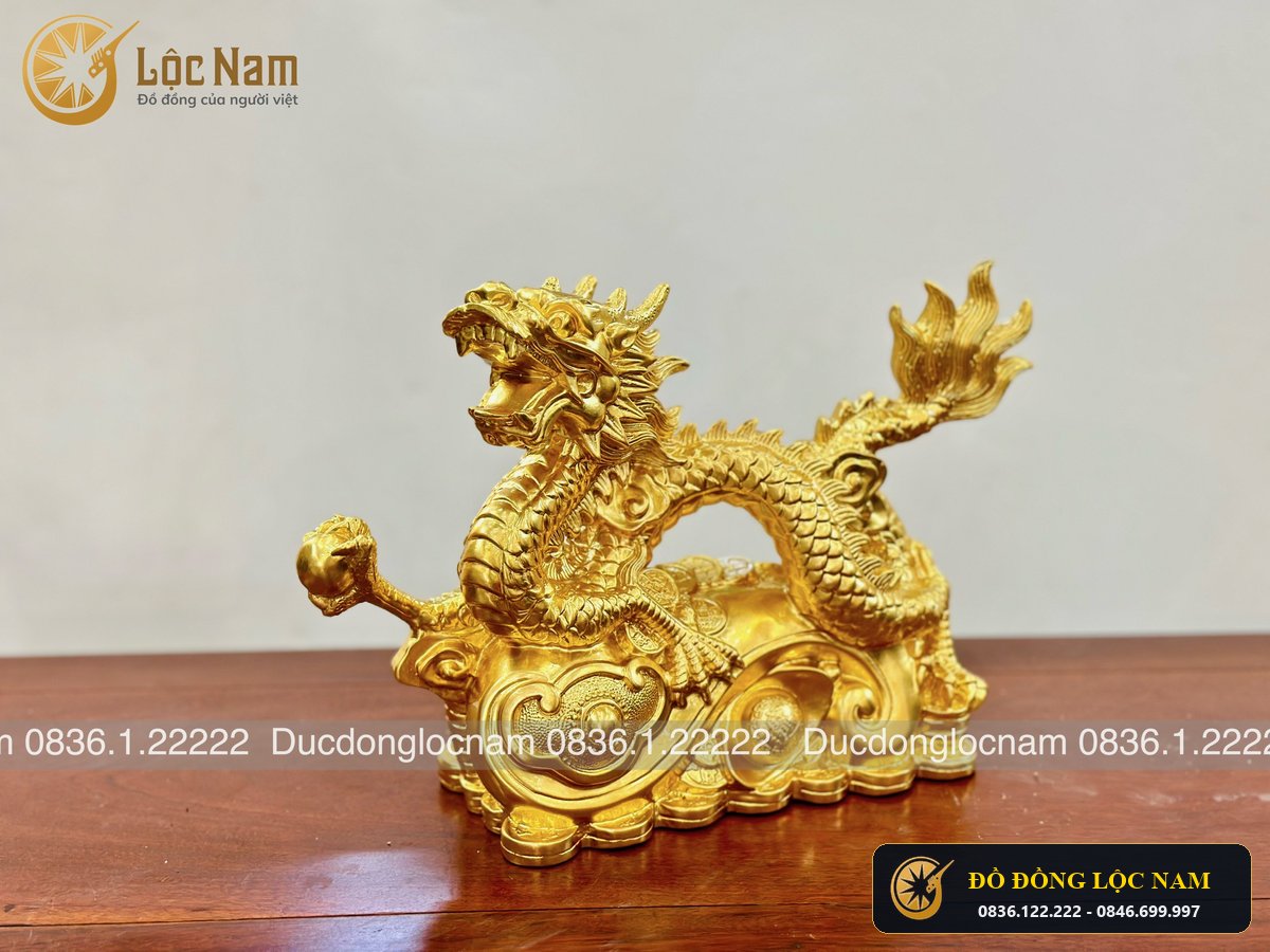 Tượng Rồng Bằng Đồng Cuộn Long Châu Cao 26cm Mạ Vàng góc chụp 2