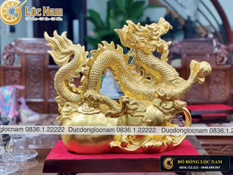 Tượng Rồng Cuộn Hồ Lô Bằng Đồng Dát Vàng Cao 42cm góc chụp 2
