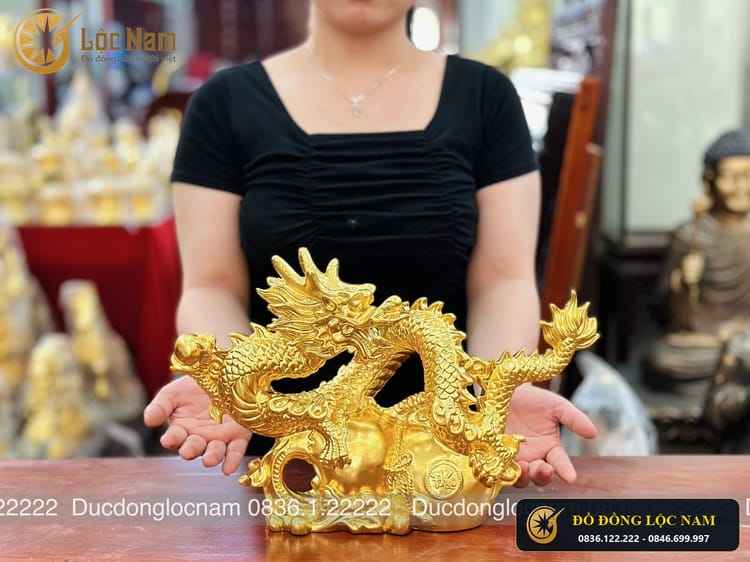 Tượng Rồng Phong Thủy Bằng Đồng Cưỡi Hồ Lô Cao 25CM góc chụp 1