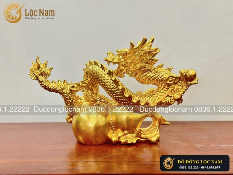 Tượng Rồng Phong Thủy Bằng Đồng Cưỡi Hồ Lô Cao 25CM góc chụp 2