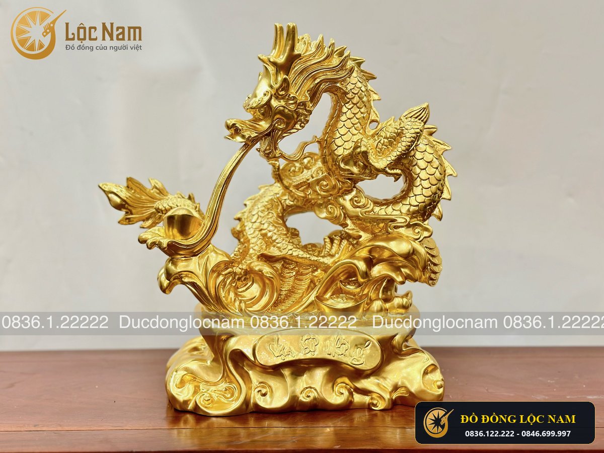 Tượng Rồng Phong Thủy Nhả Tiền Bằng Đồng Cao 40cm Dát Vàng 24K