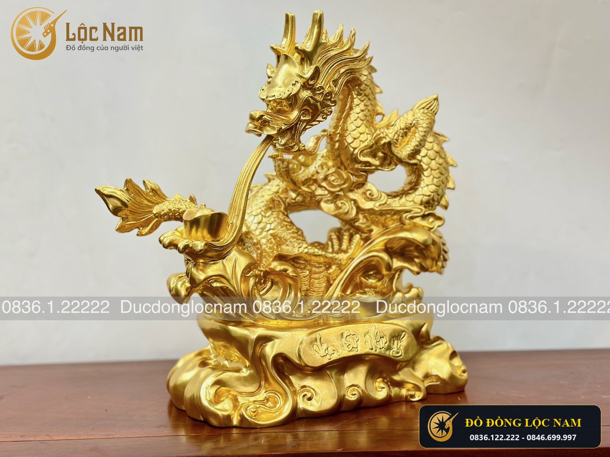 Tượng Rồng Phong Thủy Nhả Tiền Bằng Đồng Cao 40cm Dát Vàng 24K góc chụp 1