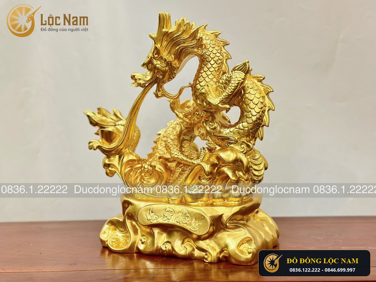 Tượng Rồng Phong Thủy Nhả Tiền Bằng Đồng Cao 40cm Dát Vàng 24K góc chụp 2