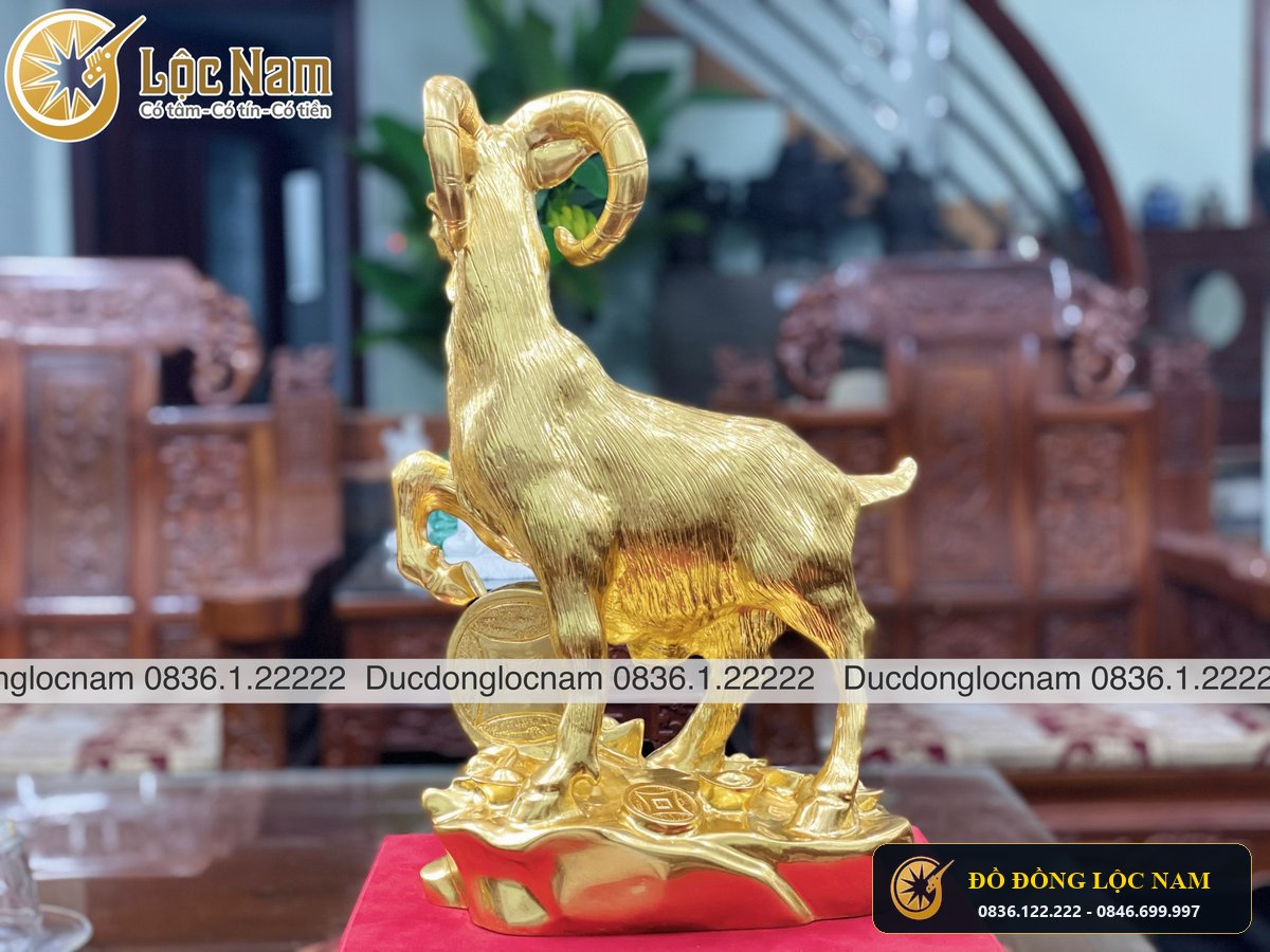 Tượng Dê Đứng Tiền Bằng Đồng Mạ Vàng Chiêu Tài