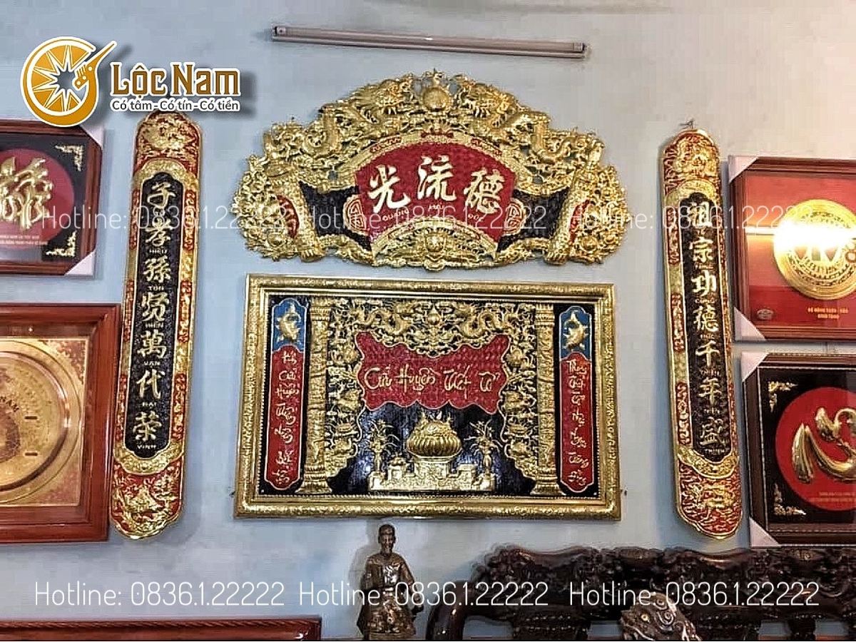 Cuốn thư câu đối đồng vàng nền đỏ 1m76