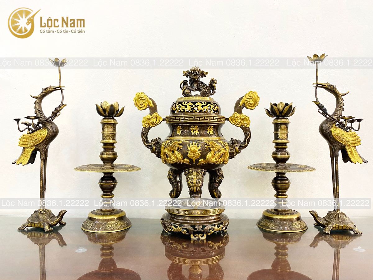 Đỉnh ngu sự đồng vàng dát vàng điểm - hoa văn rồng cao 60cm