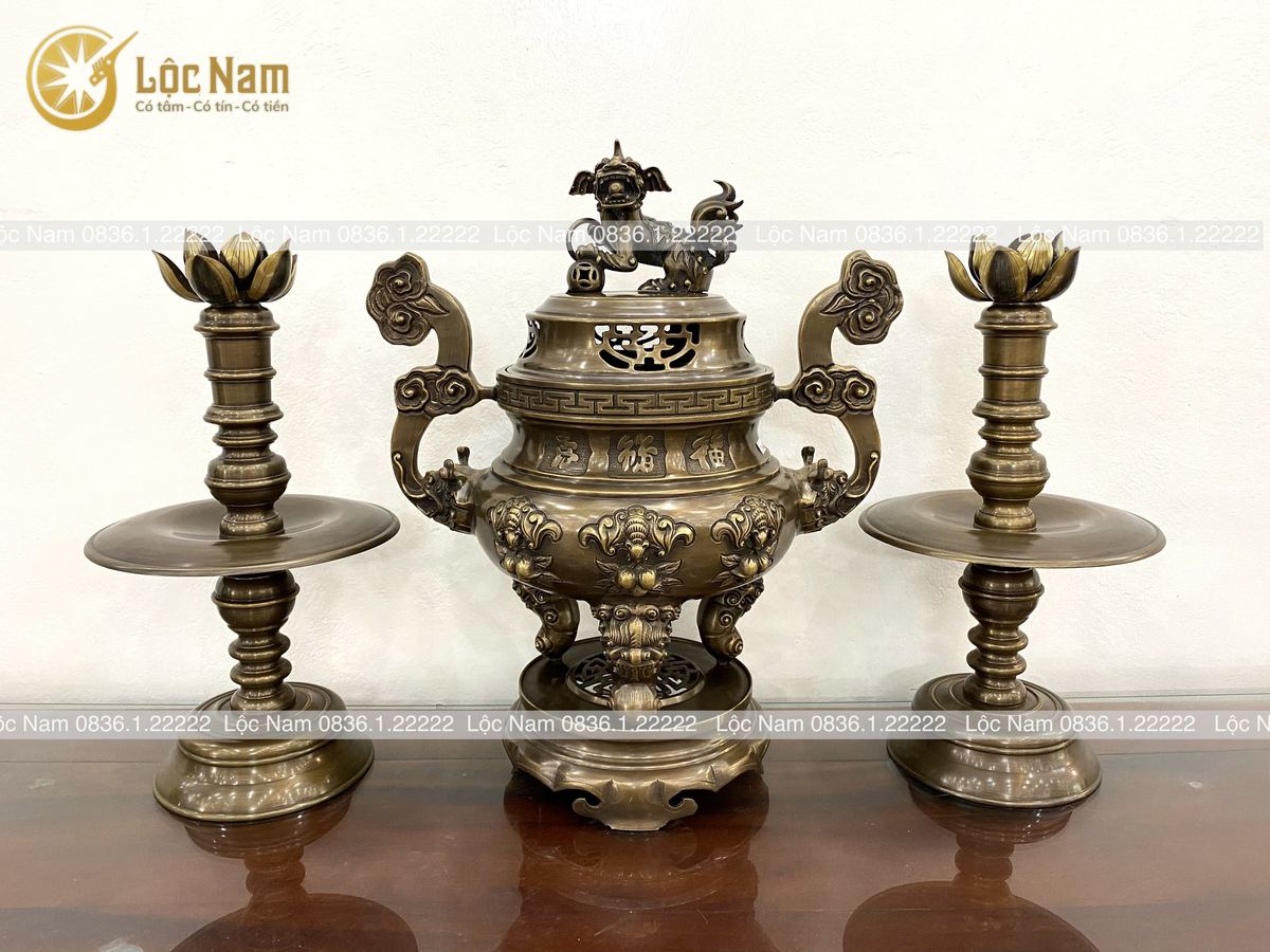 Đỉnh ngũ sự đồng vàng hun giả cổ- hoa văn dơi đào cao 60cm