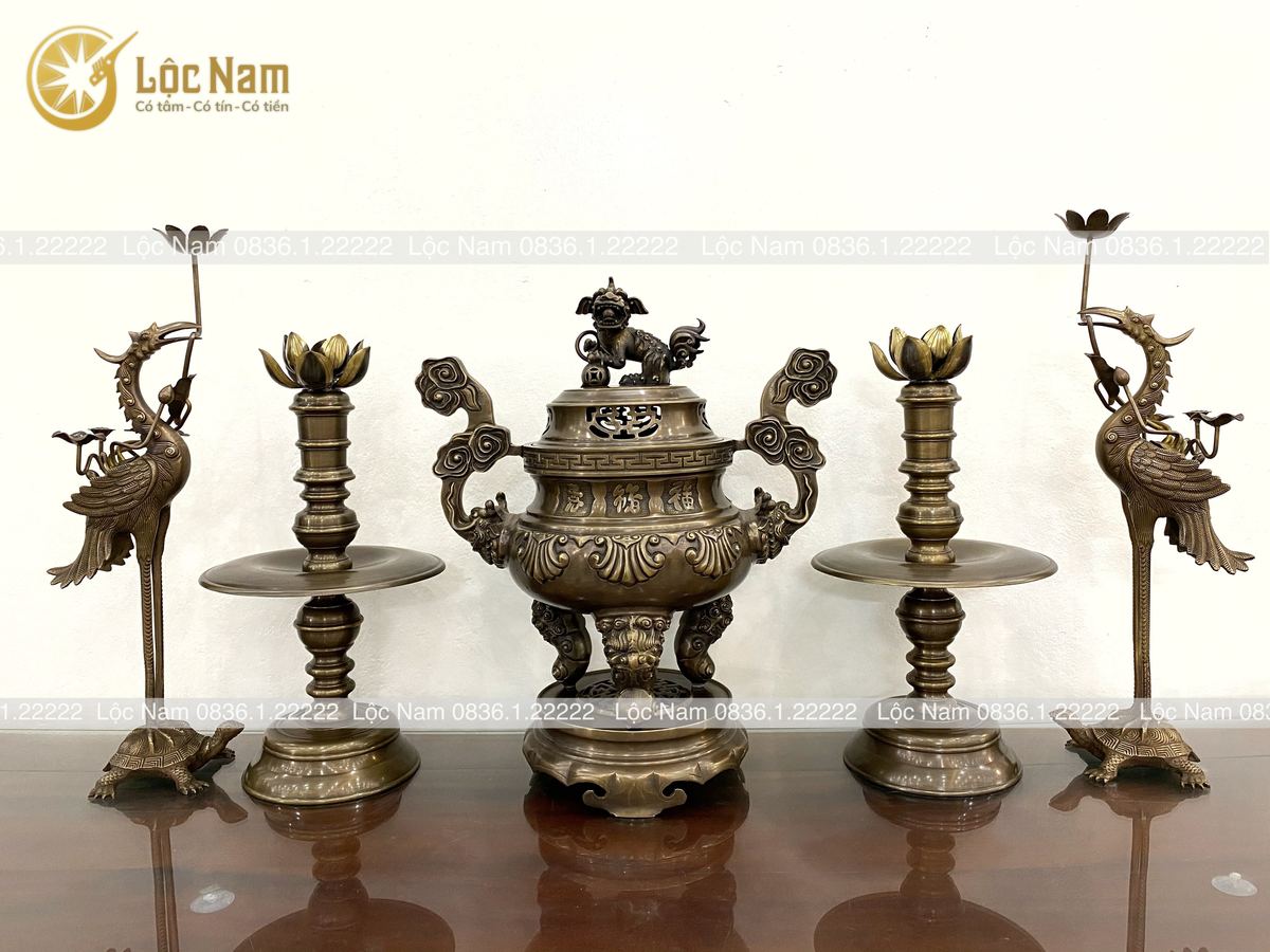 Đỉnh ngũ sự đồng vàng hun giả cổ- hoa văn sòi cao 60cm