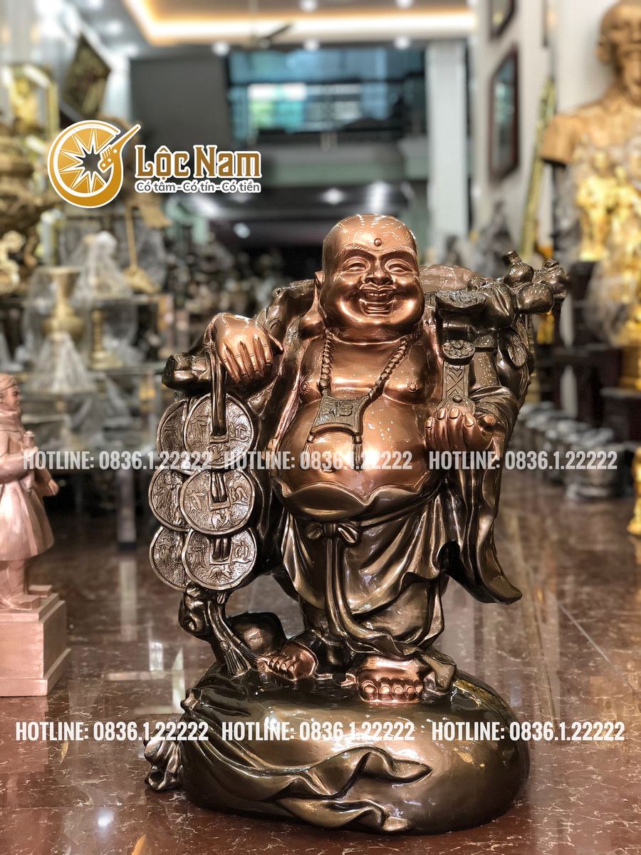 Tượng Di Lạc Bằng Đồng Gánh Tiền Tay Cầm Như Ý Cao 68cm