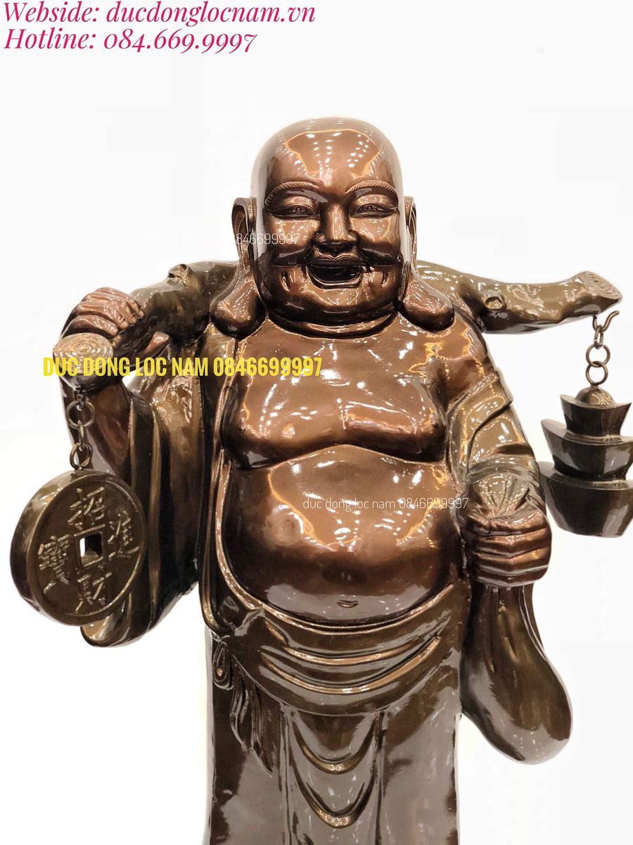 Tượng Di Lạc Bằng Đồng Gánh Tiền Vàng Cao 75cm