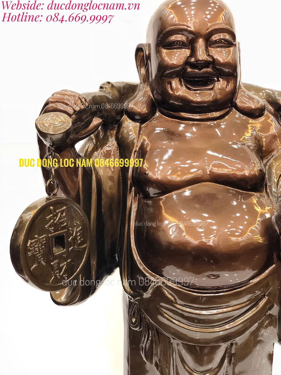 Tượng Di Lạc Bằng Đồng Gánh Tiền Vàng Cao 75cm góc chụp 2