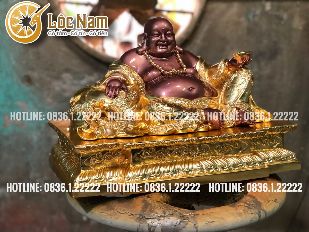 Tượng di lạc ngồi bằng đồng cao 34x48 dát vàng 24k góc chụp 1