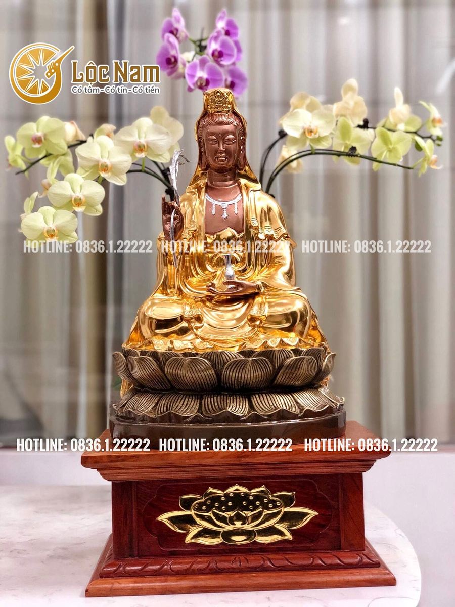 Tượng phật bà quan âm bằng đồng cao 42cm dát vàng 9999