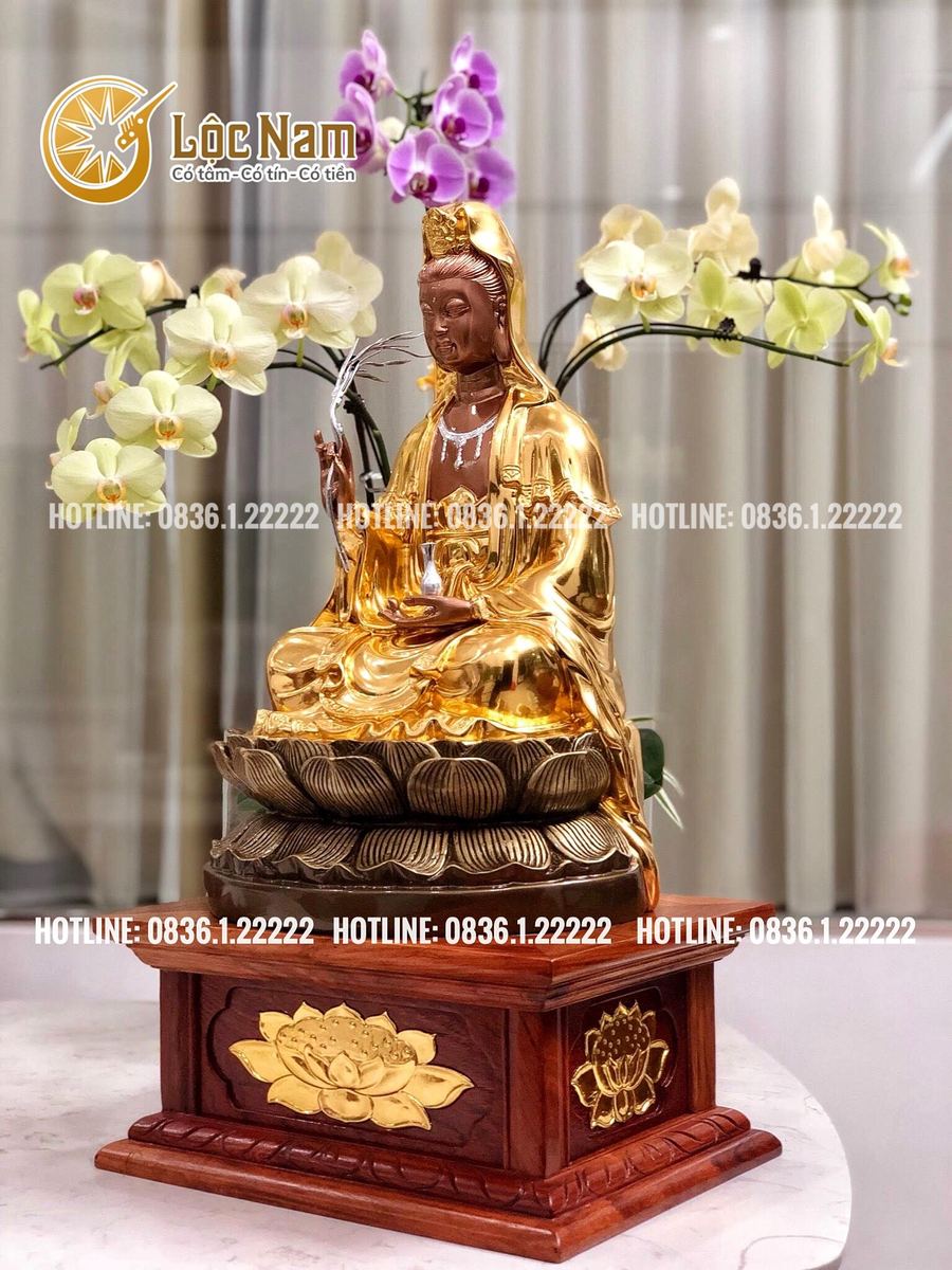 Tượng phật bà quan âm bằng đồng cao 42cm dát vàng 9999 góc chụp 1