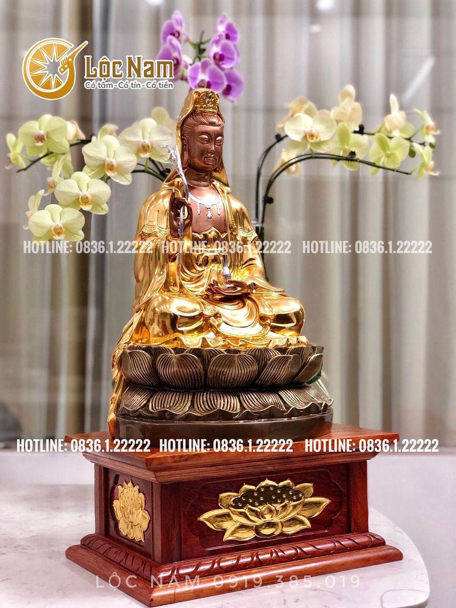 Tượng phật bà quan âm bằng đồng cao 42cm dát vàng 9999 góc chụp 2